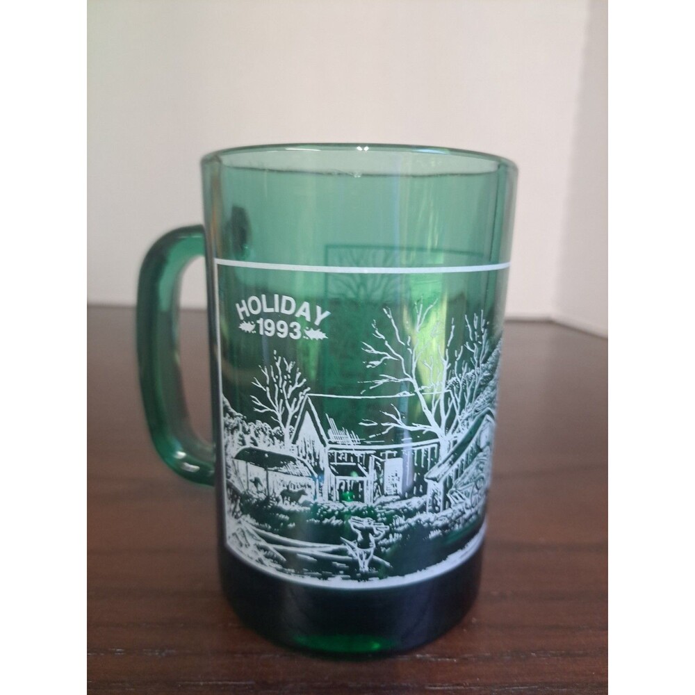 1993 Holiday Emerald Green With White Currier And Ives Farm Scene Coffee Mug